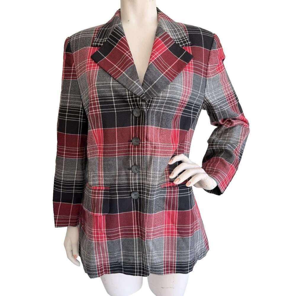 LAUREL by ESCADA Vintage Blazer Jacket Red Gray Plaid 100% New Wool Size 38